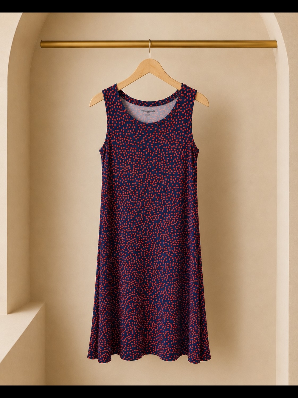 Sleeveless Navy Blue Swing Dress with Red Dot Print